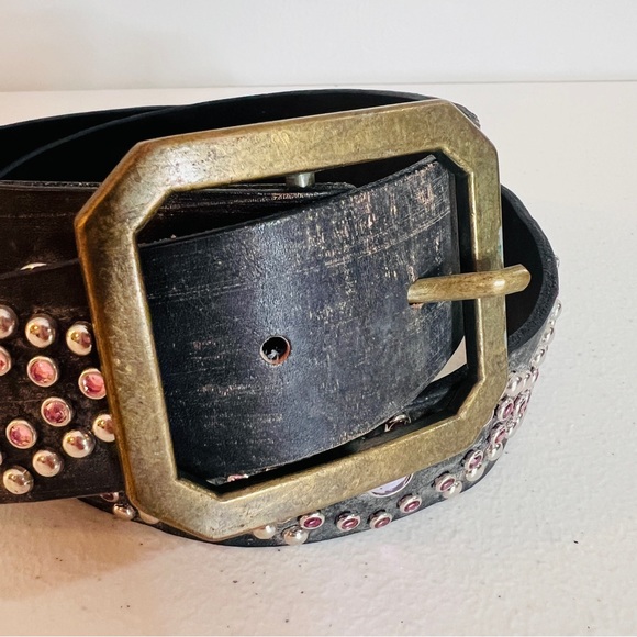 Leather Pink Clear Studded Dark Gray Ladies Fashion Belt Brass Buckle Size M/36" - Picture 6 of 9